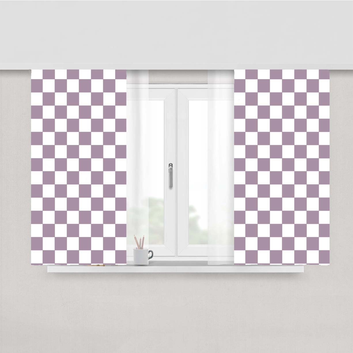 Grey Purple Checkered Board Pattern Color Peach Skin Window Curtains