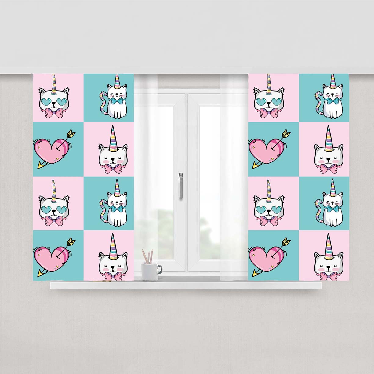 Kitty Unicorn Pastel Color Collage Pattern Peach Skin Window Curtains