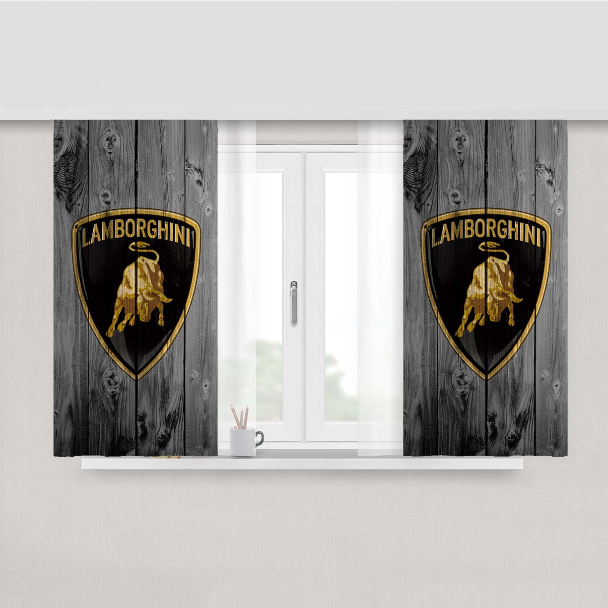 Lamborghini Bull Luxury Car Logo Dark Wood Wallpaper Peach Skin Window Curtains