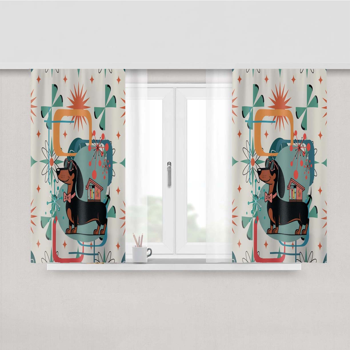 Mid Century Mod Dachshund Peach Skin Window Curtains