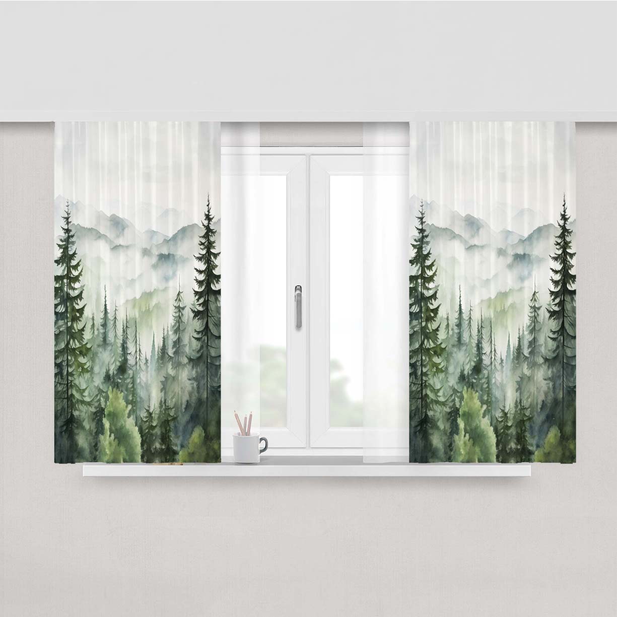 Misty Forest Mountain Peach Skin Window Curtains