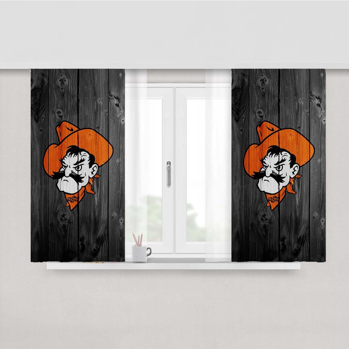 Oklahoma State Pistol Pete Logo Dark Wood Wallpaper Peach Skin Window Curtains