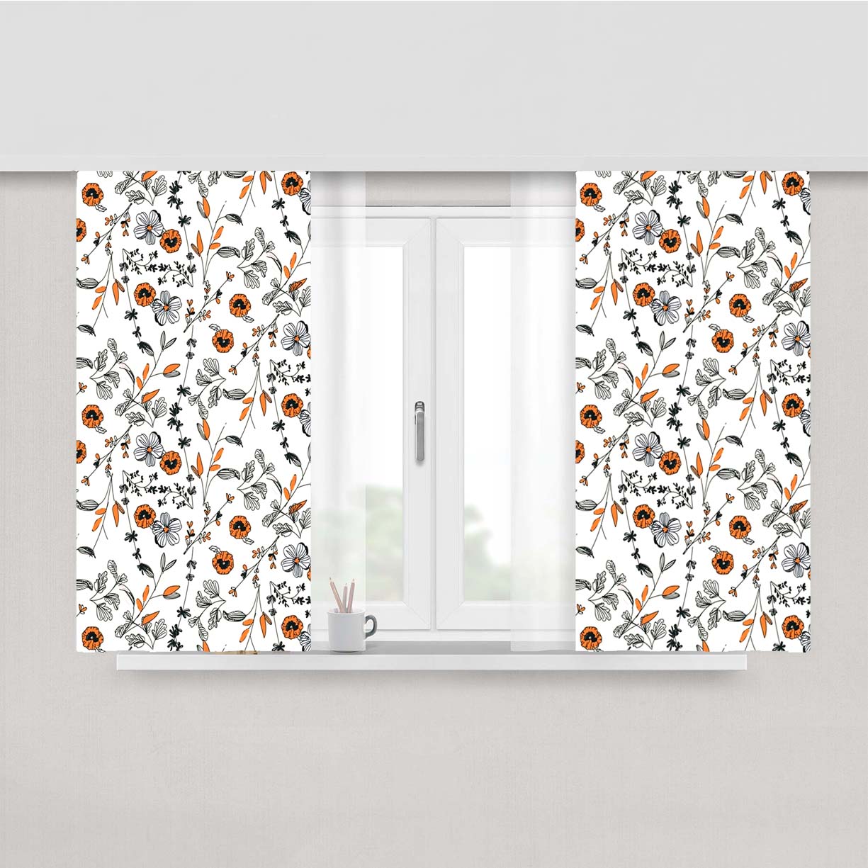 Orange Flower Pattern Peach Skin Window Curtains