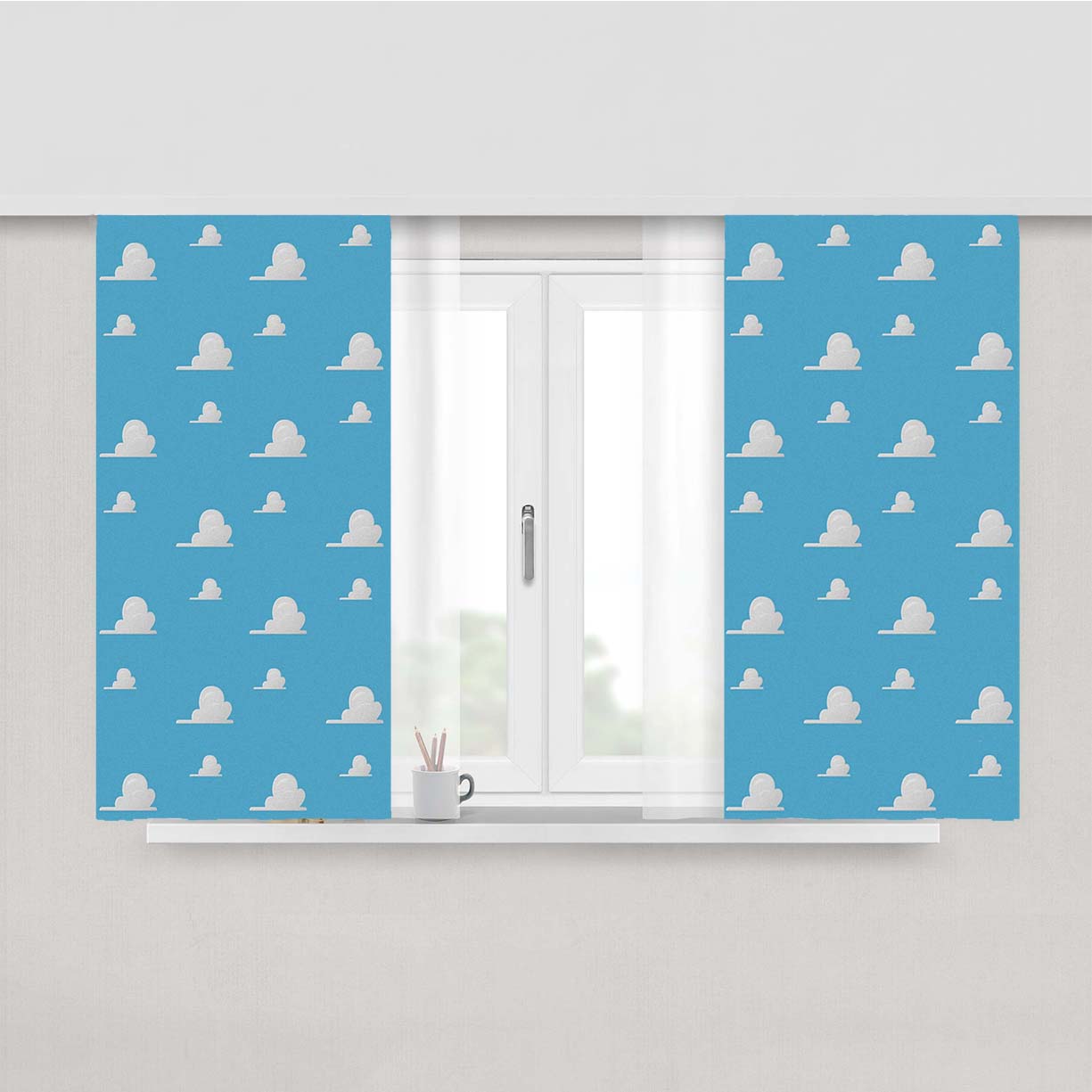 Pattern Of Toy Story Sky Blue Clouds Peach Skin Window Curtains