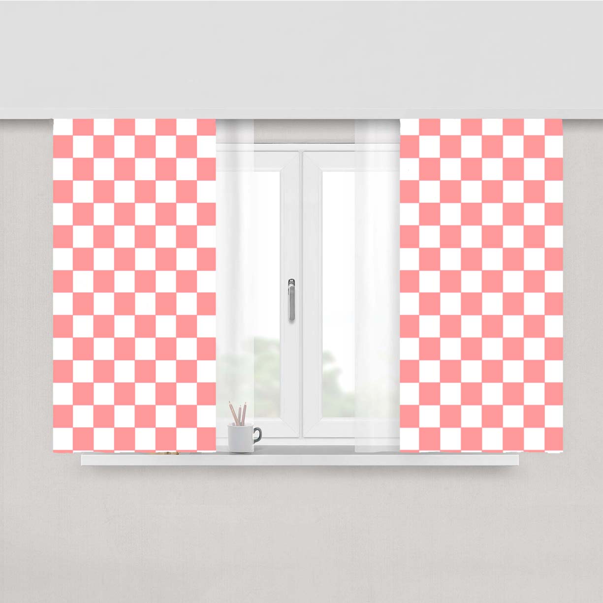 Peach Checkered Board Pattern Color Peach Skin Window Curtains