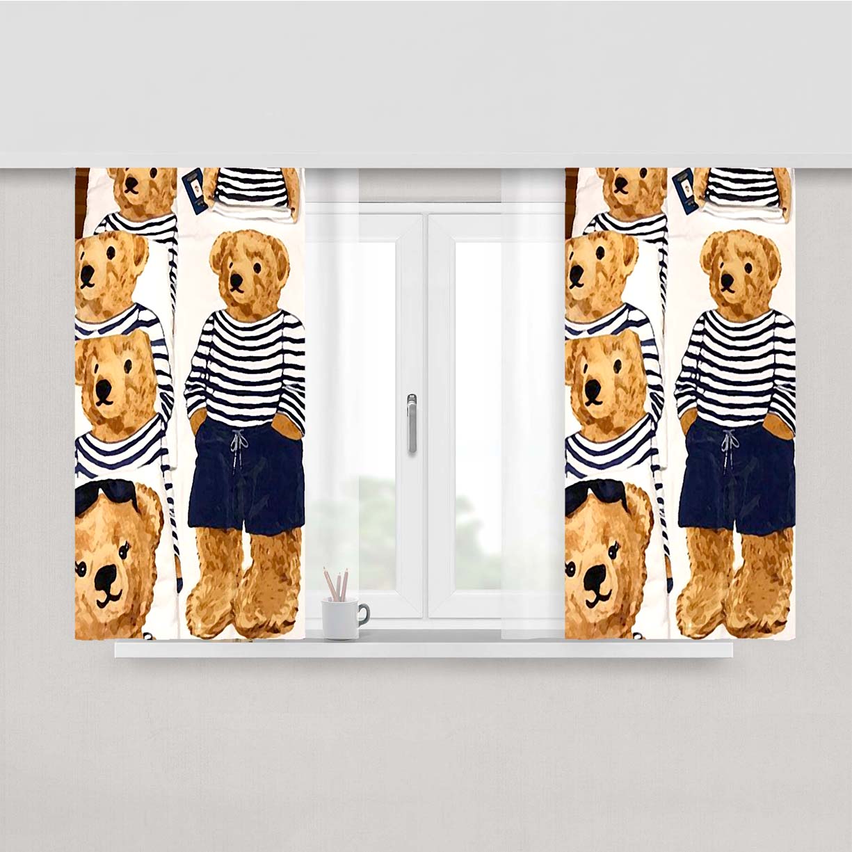 Polo Bear Pattern Blue White Stripe Peach Skin Window Curtains