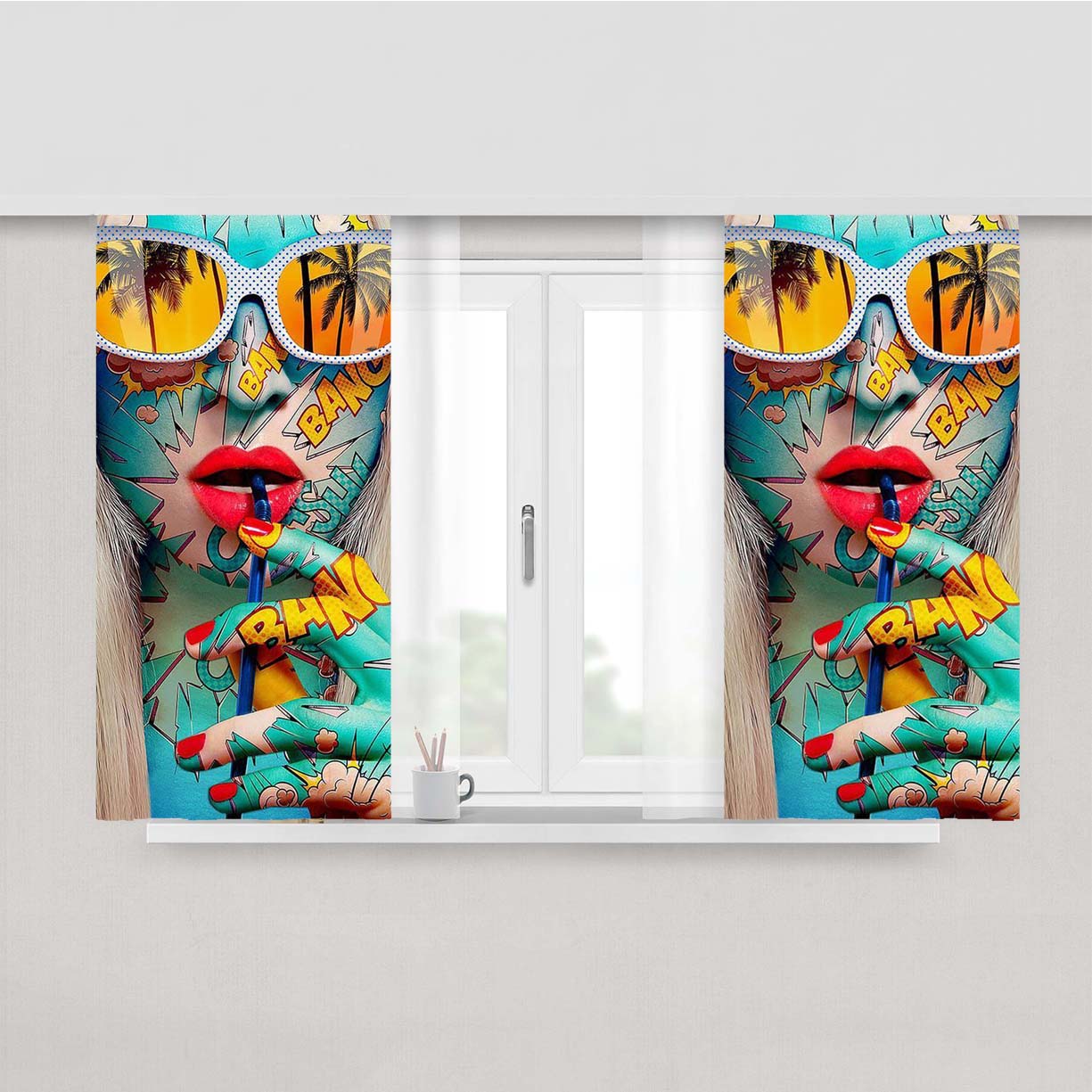 Pop Art Girl Bang Pattern Pop Peach Skin Window Curtains