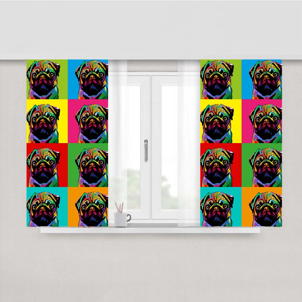 Portrait Pug Dog Face Pop Art Cute Face Pattern Peach Skin Window Curtains