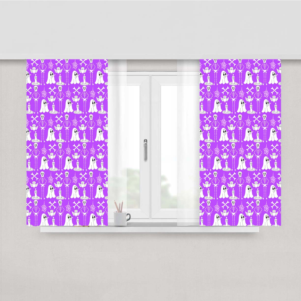 Purple Pattern Halloween Ghost Skeleton Peach Skin Window Curtains