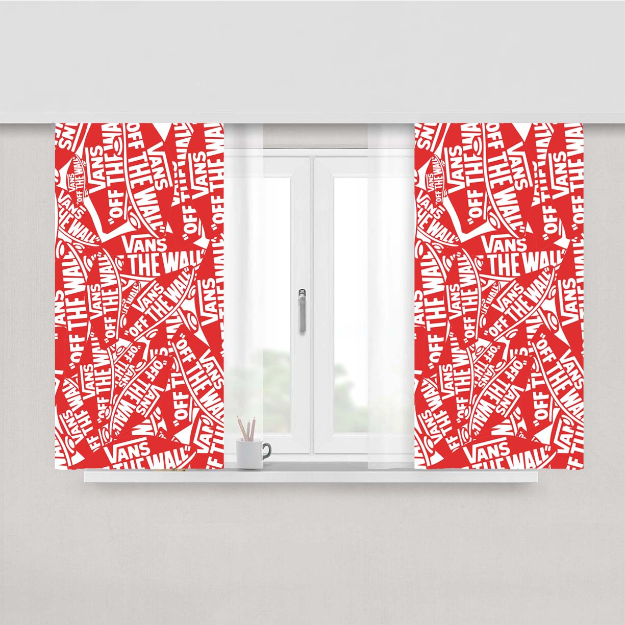Red White Vans Logo Pattern Peach Skin Window Curtains