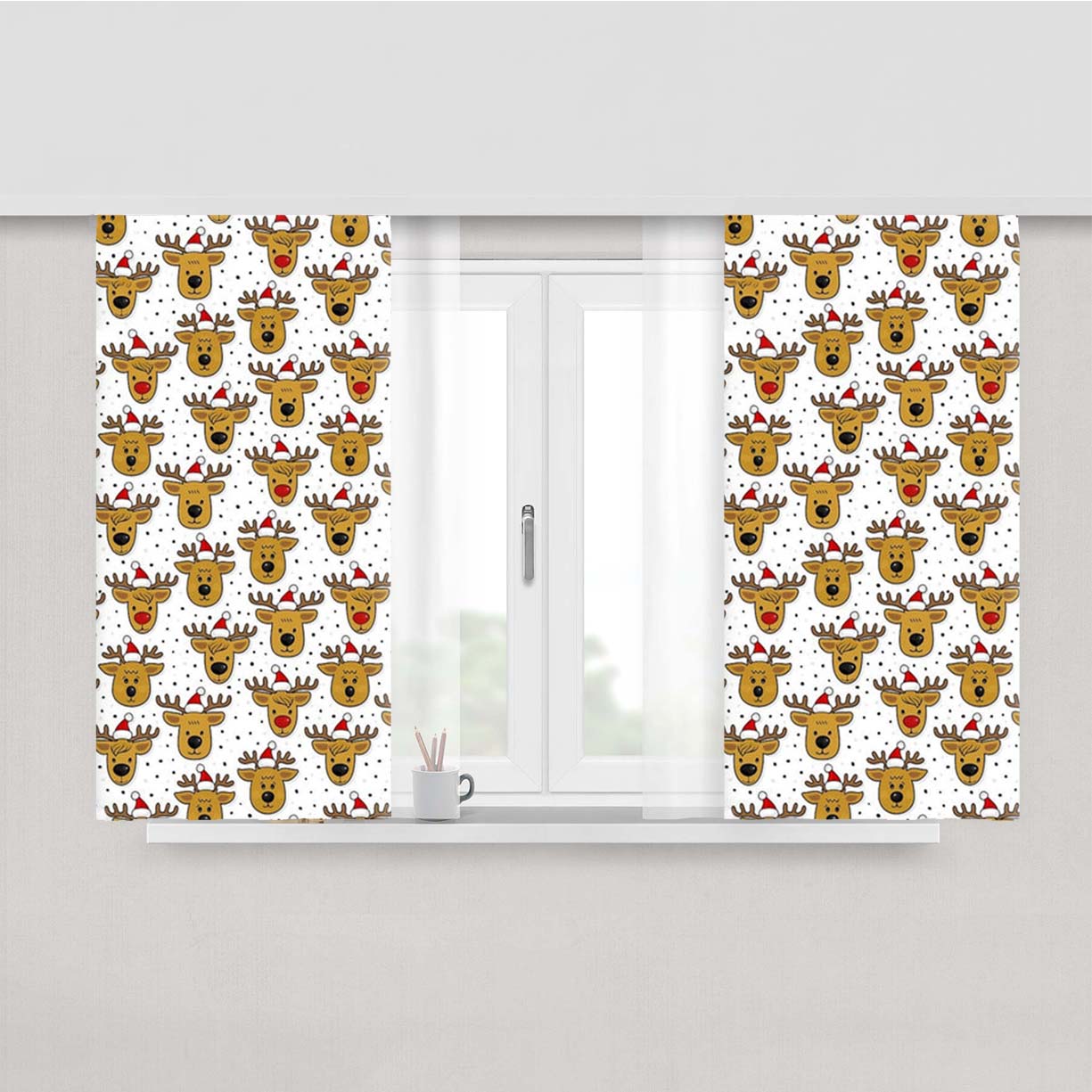 Reindeers In Santa Hats Pattern Peach Skin Window Curtains