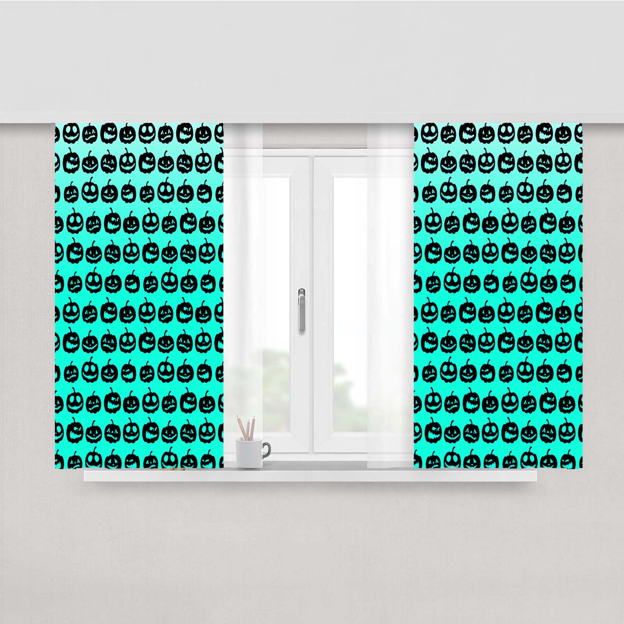 Turquoise Pumpkins Pattern Silhouette Collections Peach Skin Window Curtains