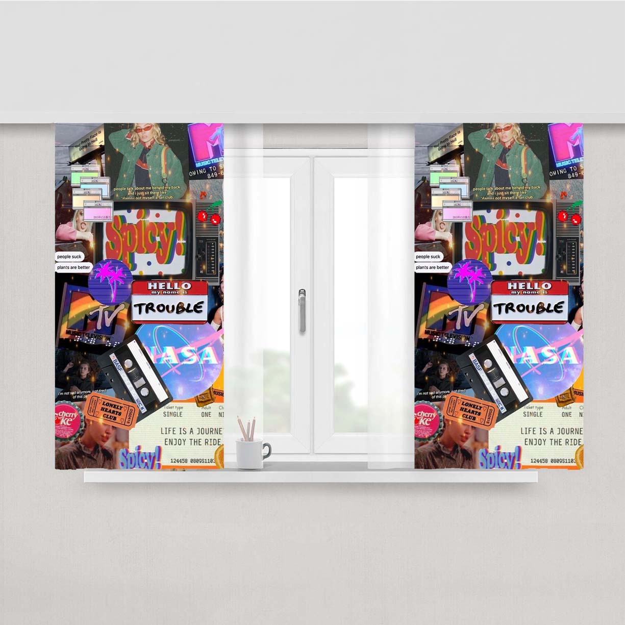 Vhs 80S Vintage Collage Pattern Peach Skin Window Curtains