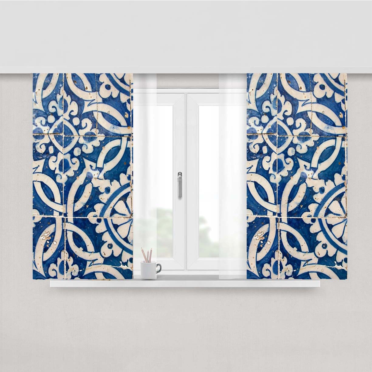 Vintage Portuguese Azulejo Peach Skin Window Curtains