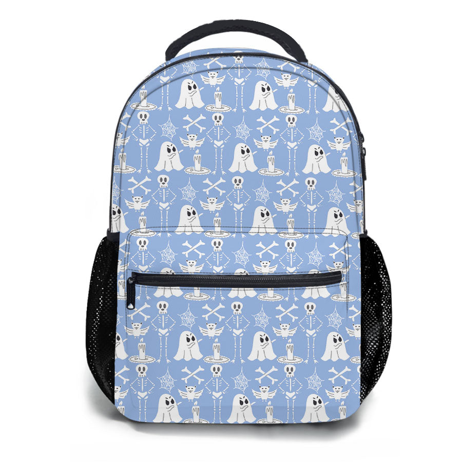 Blue Pattern Halloween Ghost Skeleton School Backpacks