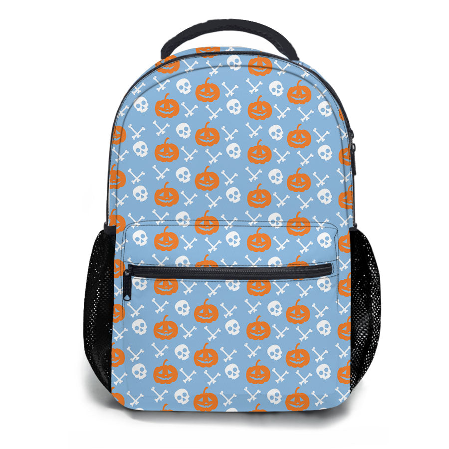 Blue Pattern Pumpkins Bone And Head Skeleton Halloween School Backpacks