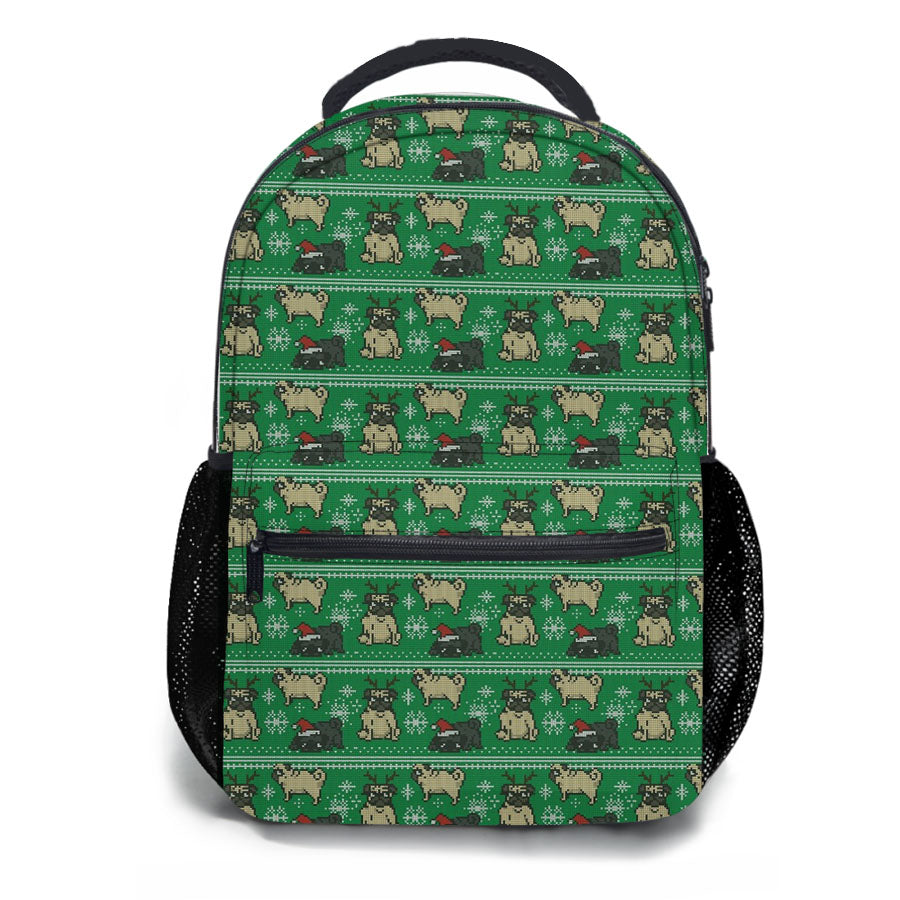 Christmas Pug Green Winter Pattern School Backpacks