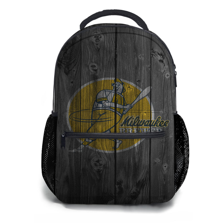 Old Milwaukee Brewers Mlb Logo Dark Wood Wallpaper School Backpacks