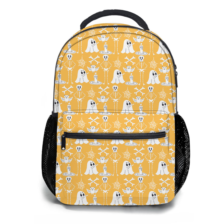 Yellow Pattern Halloween Ghost Skeleton School Backpacks