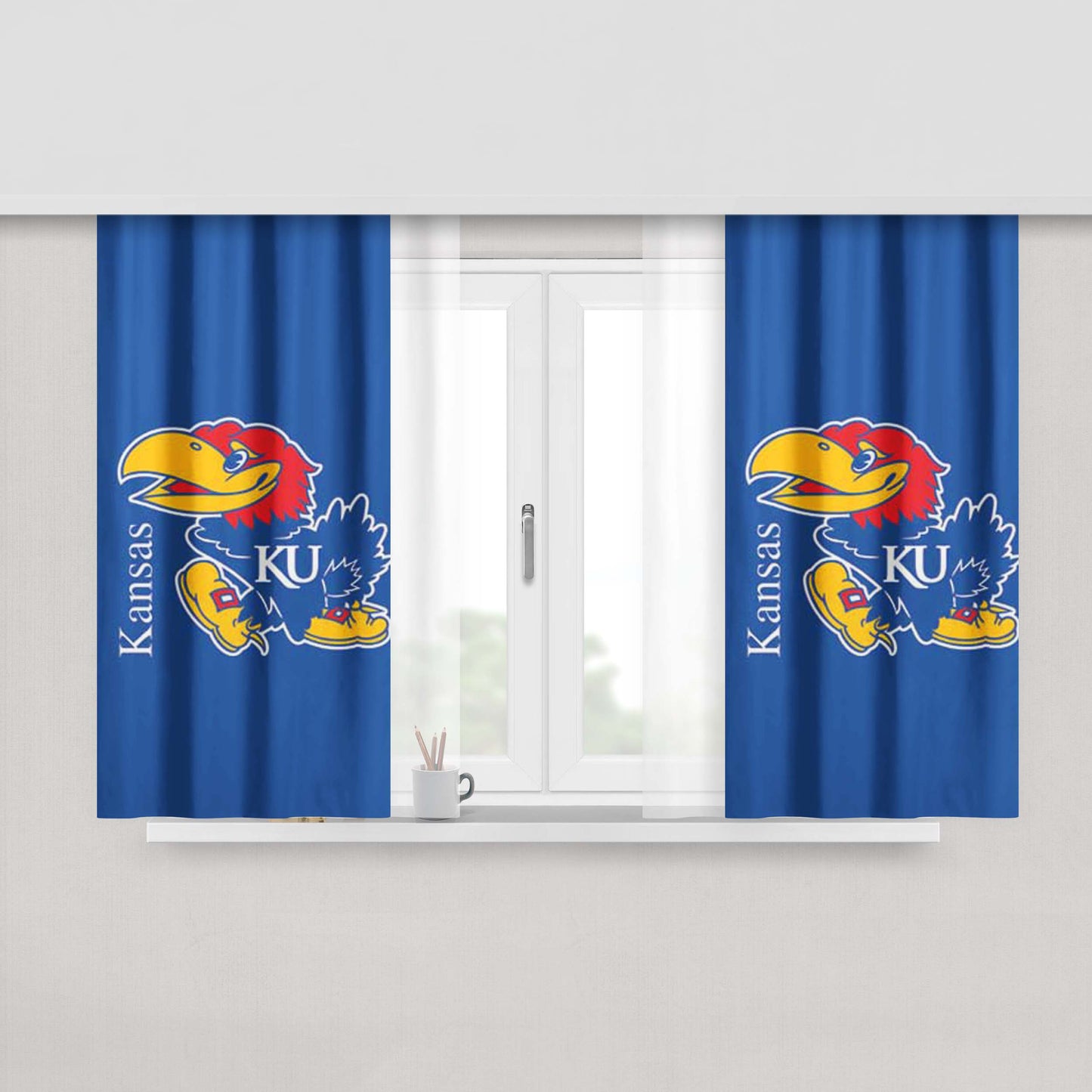 Kansas Jawhawks Logo Over Blue Peach Skin Window Curtains