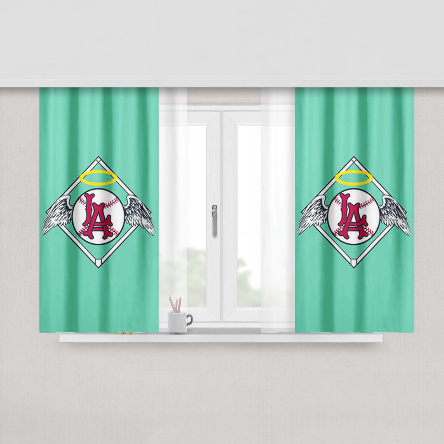 La Baseball Logo Light Blue Peach Skin Window Curtains