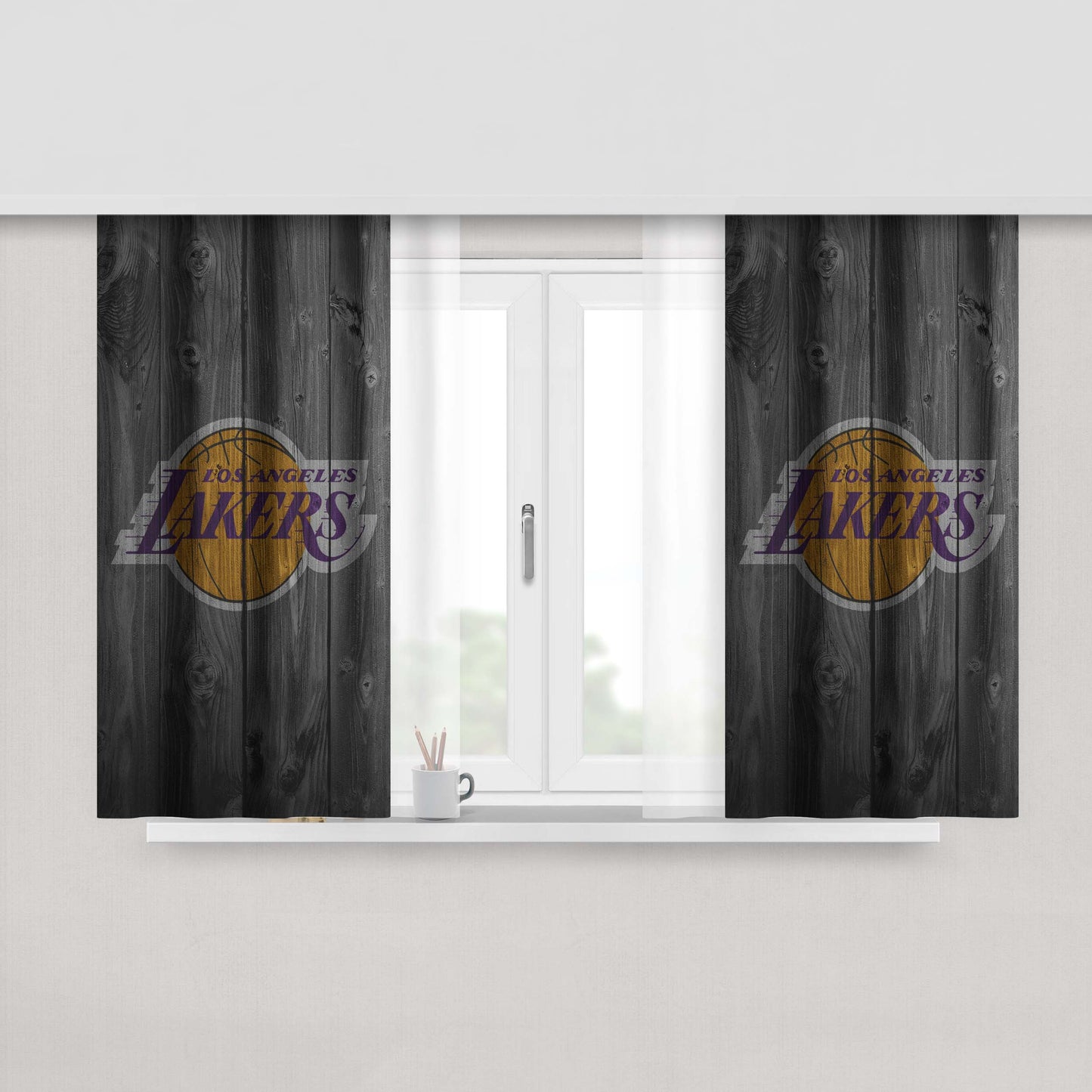 Los Angeles Lakers Nba Logo Dark Wood Wallpaper Peach Skin Window Curtains