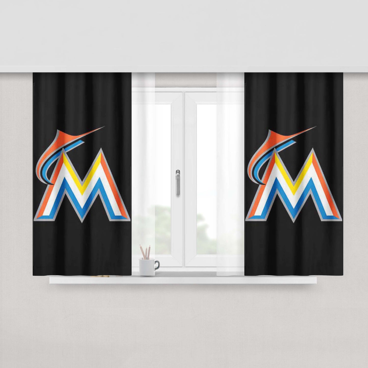 Miami Marlins Logo On Blk Peach Skin Window Curtains