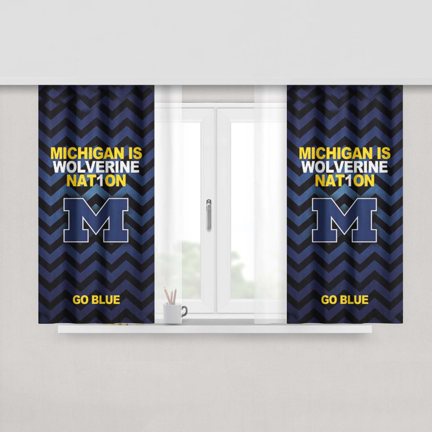 Michigan Wolverines Logo Stripes Go Blue Peach Skin Window Curtains