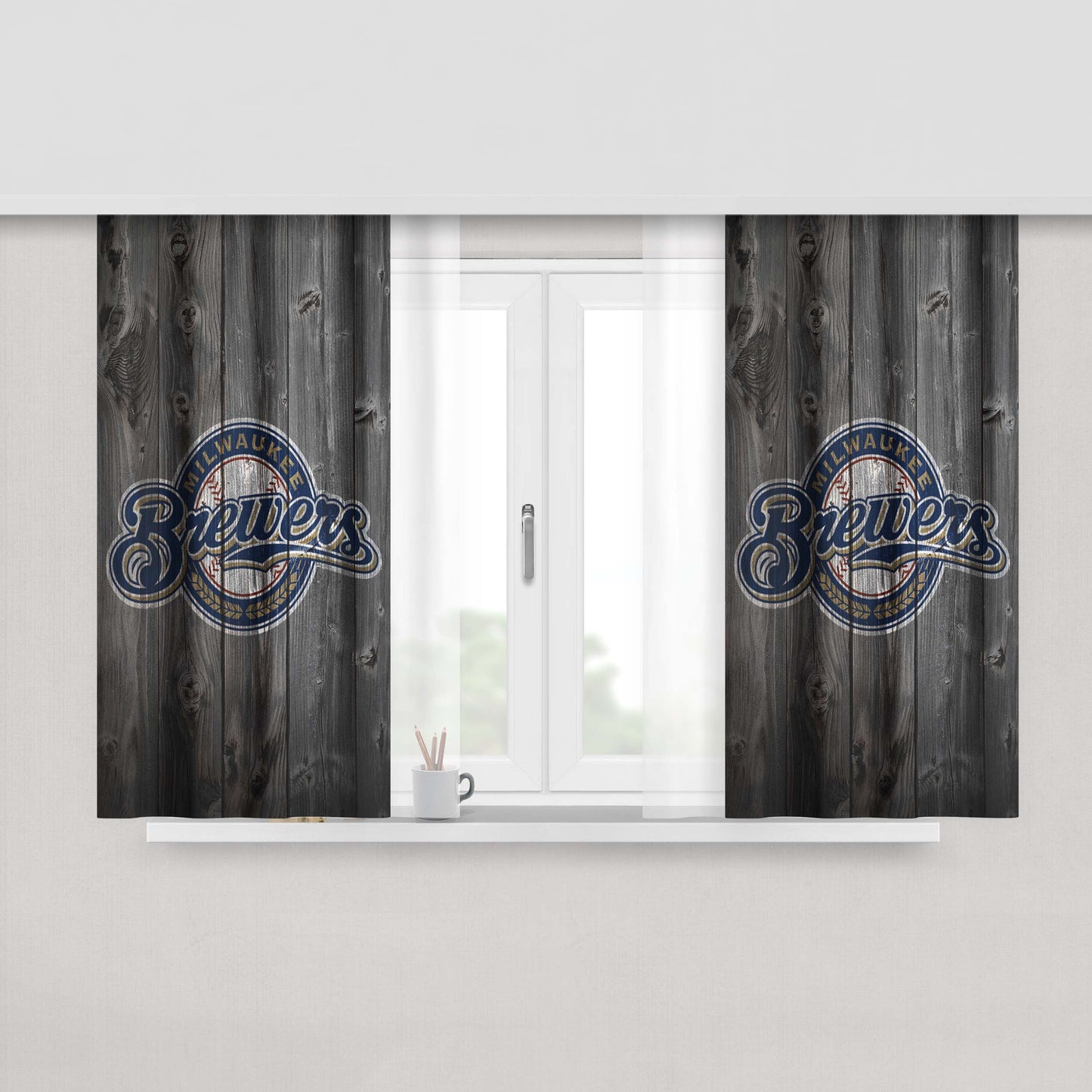 Milwaukee Brewers Mlb Logo Dark Wood Wallpaper Peach Skin Window Curtains