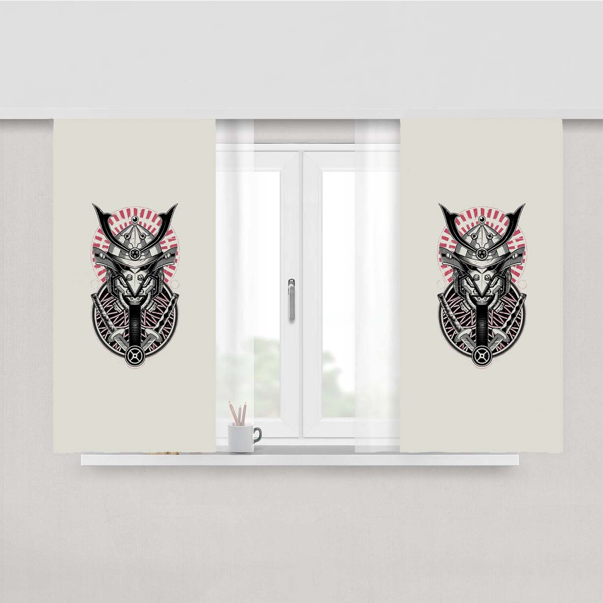 Neon Samurai Tattoo Artwork Peach Skin Window Curtains