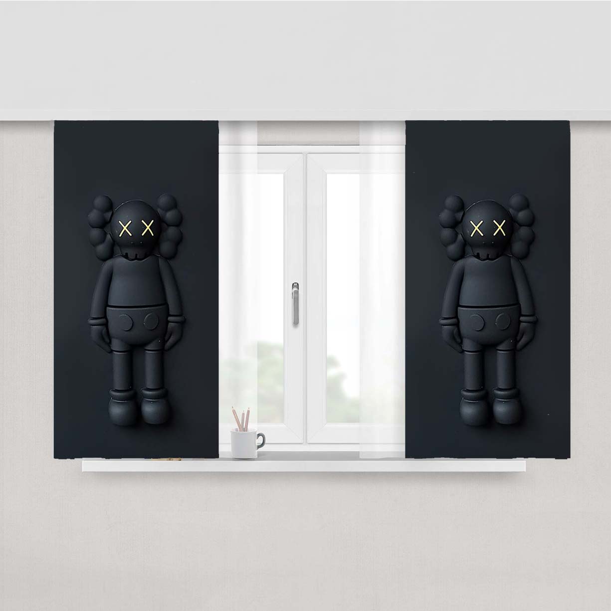 New York Kaws All Black Peach Skin Window Curtains