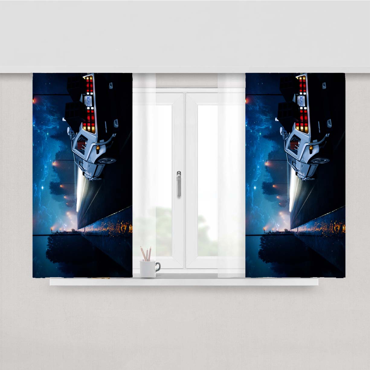 Night On Time Machine Back To The Future Car Peach Skin Window Curtains