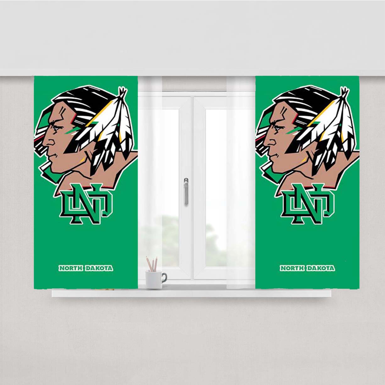 North Dakota Sioux Big Logo Green Bkg Peach Skin Window Curtains