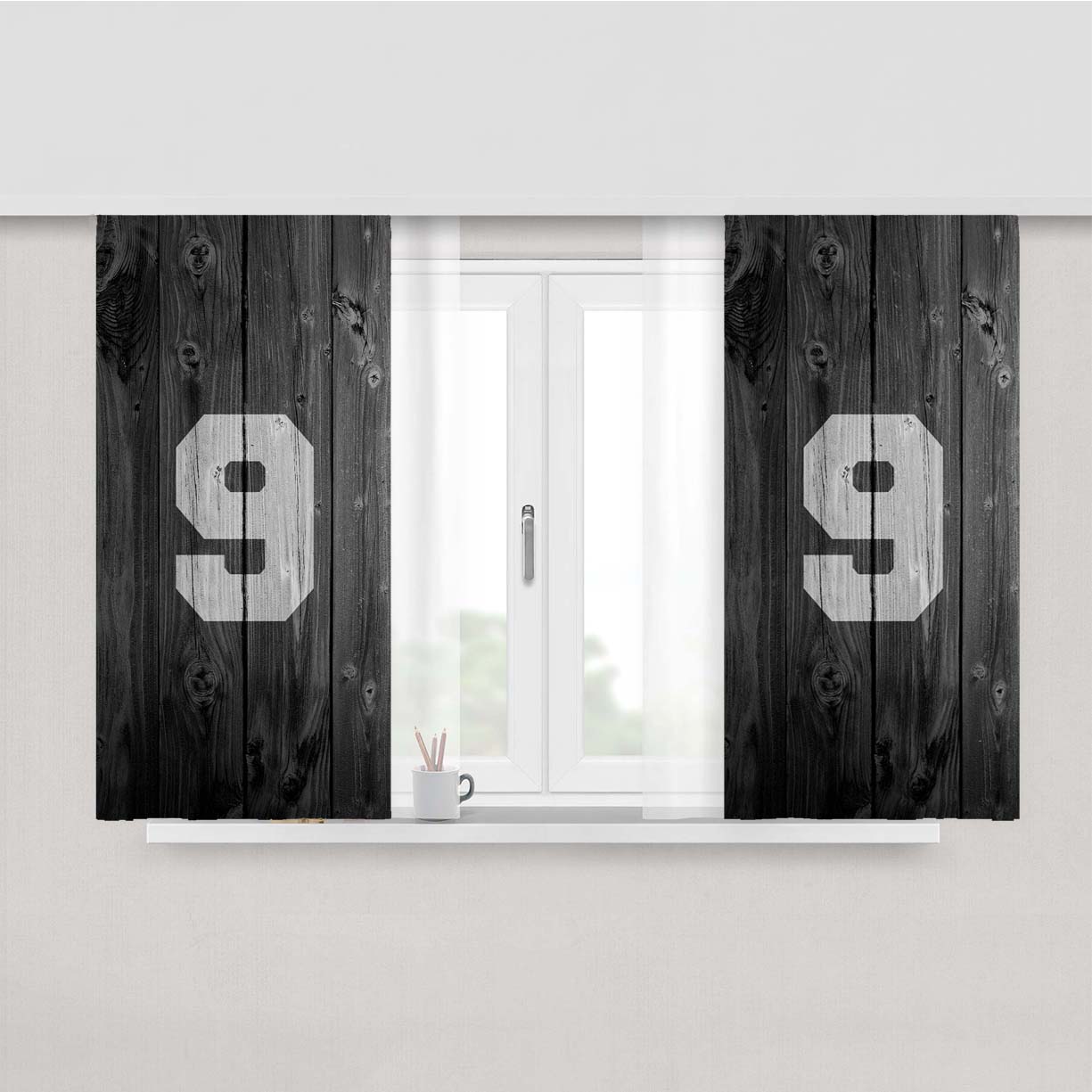 Number Nine Logo Dark Wood Wallpaper Peach Skin Window Curtains