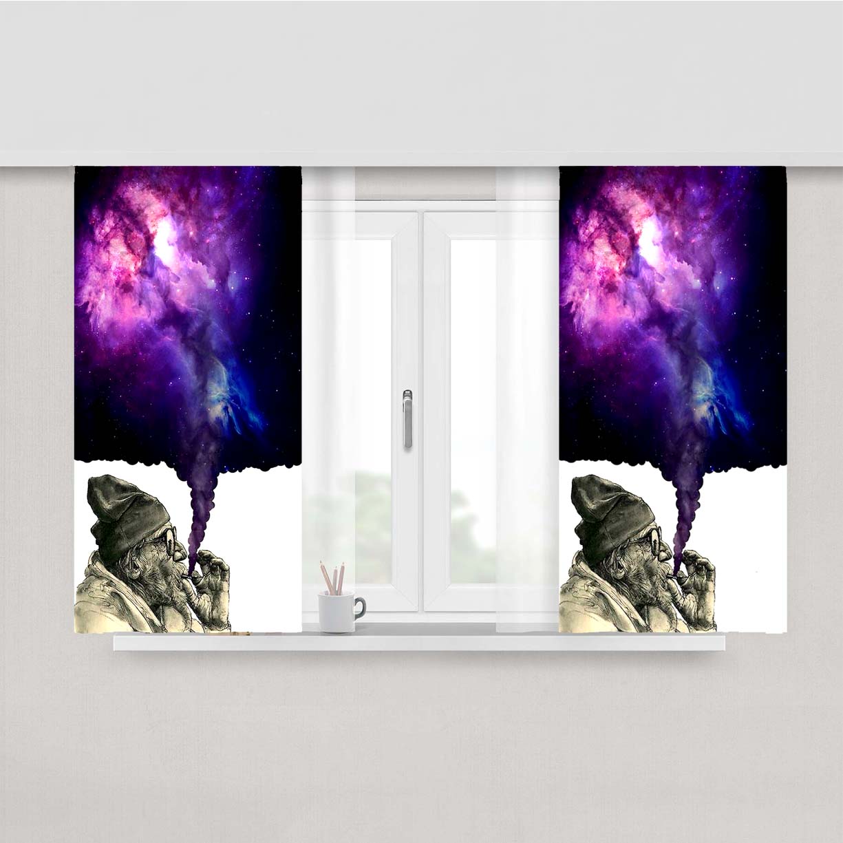 Old Man Smoking Space Peach Skin Window Curtains