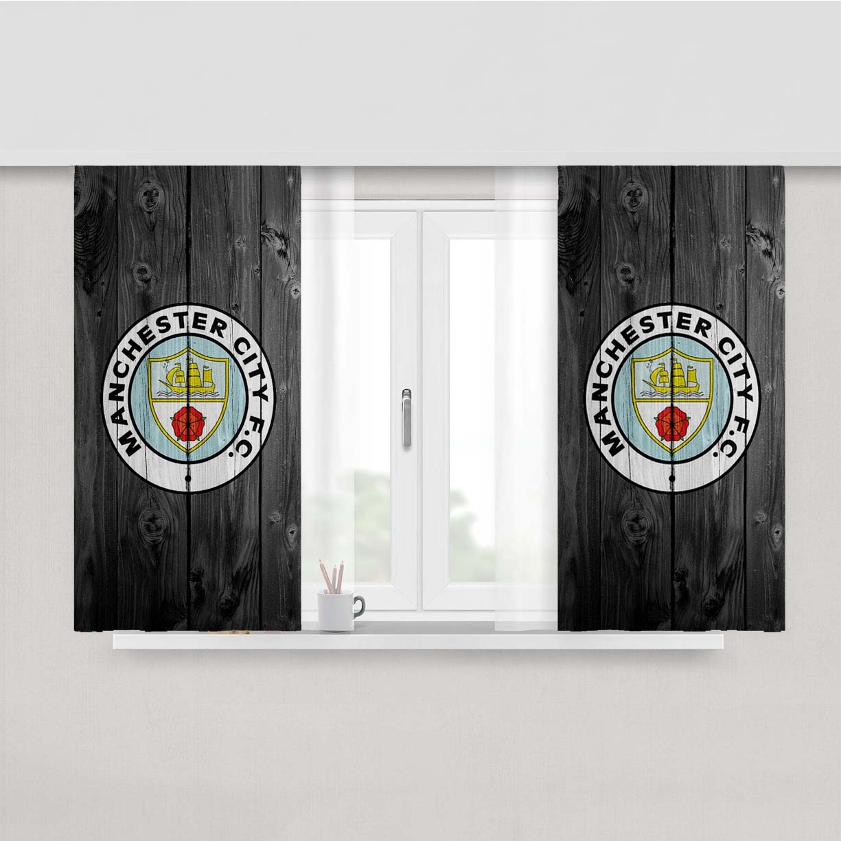 Old Manchester City Fc Soccer Logo Dark Wood Wallpaper Peach Skin Window Curtains