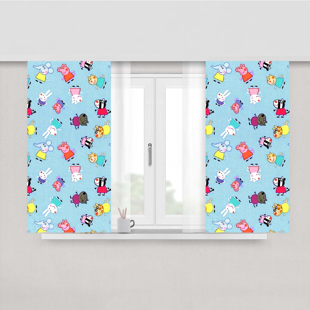 Peppa Pig Blue Character Doodle Peach Skin Window Curtains