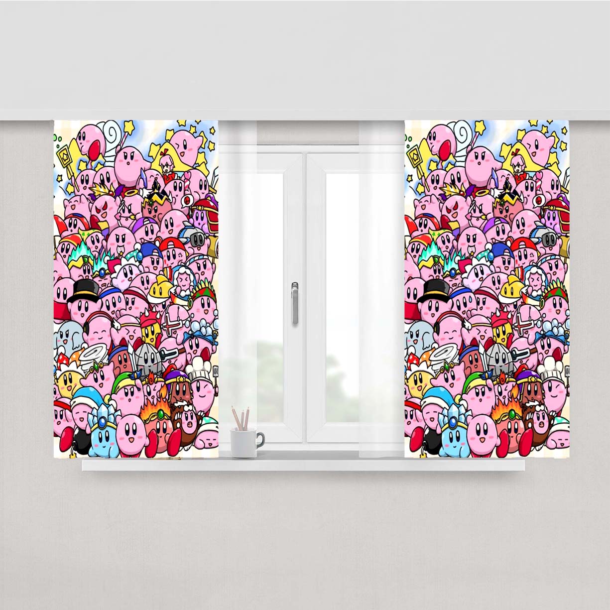 Pink Cute Kirby Doodle Sticker Collection Peach Skin Window Curtains