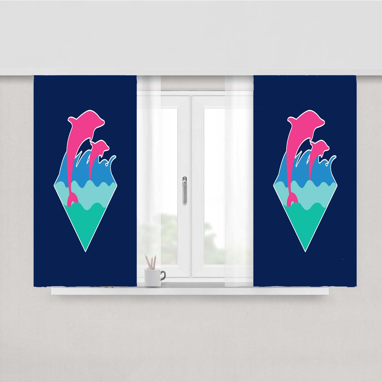 Pink Dolphin Logo Peach Skin Window Curtains