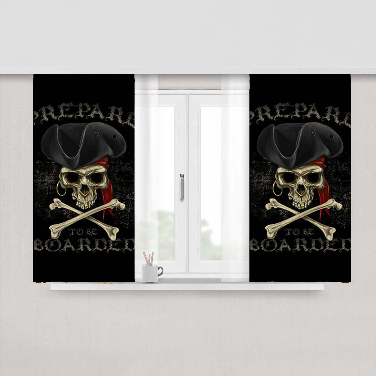 Pirate Skull Prepare To Be Boarded Peach Skin Window Curtains