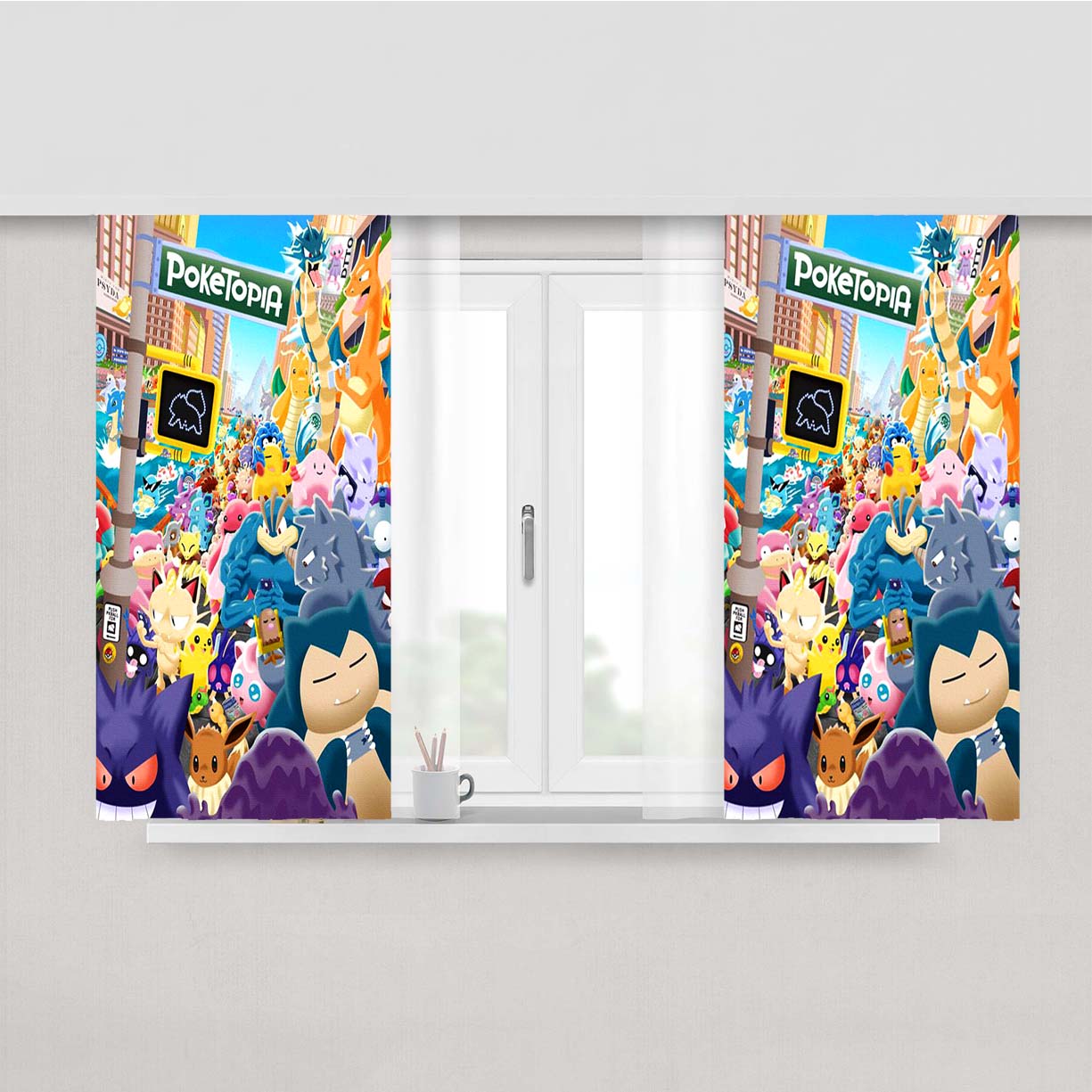 Pokemon All Character In The City Peach Skin Window Curtains