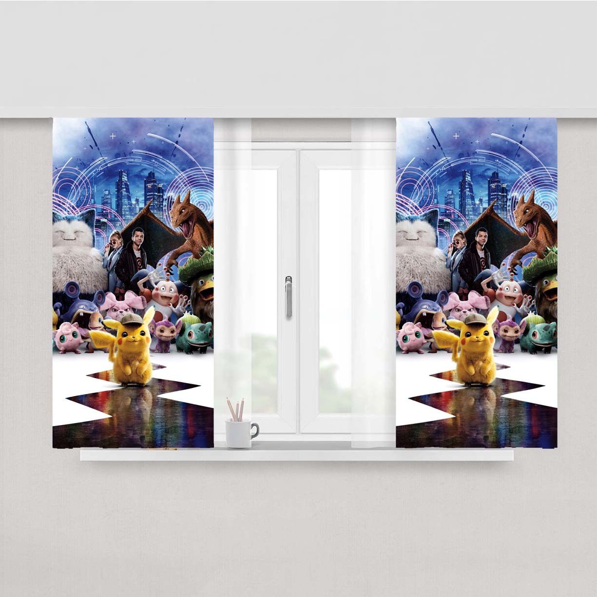Pokemon Detective Pikachu All Monst Peach Skin Window Curtains