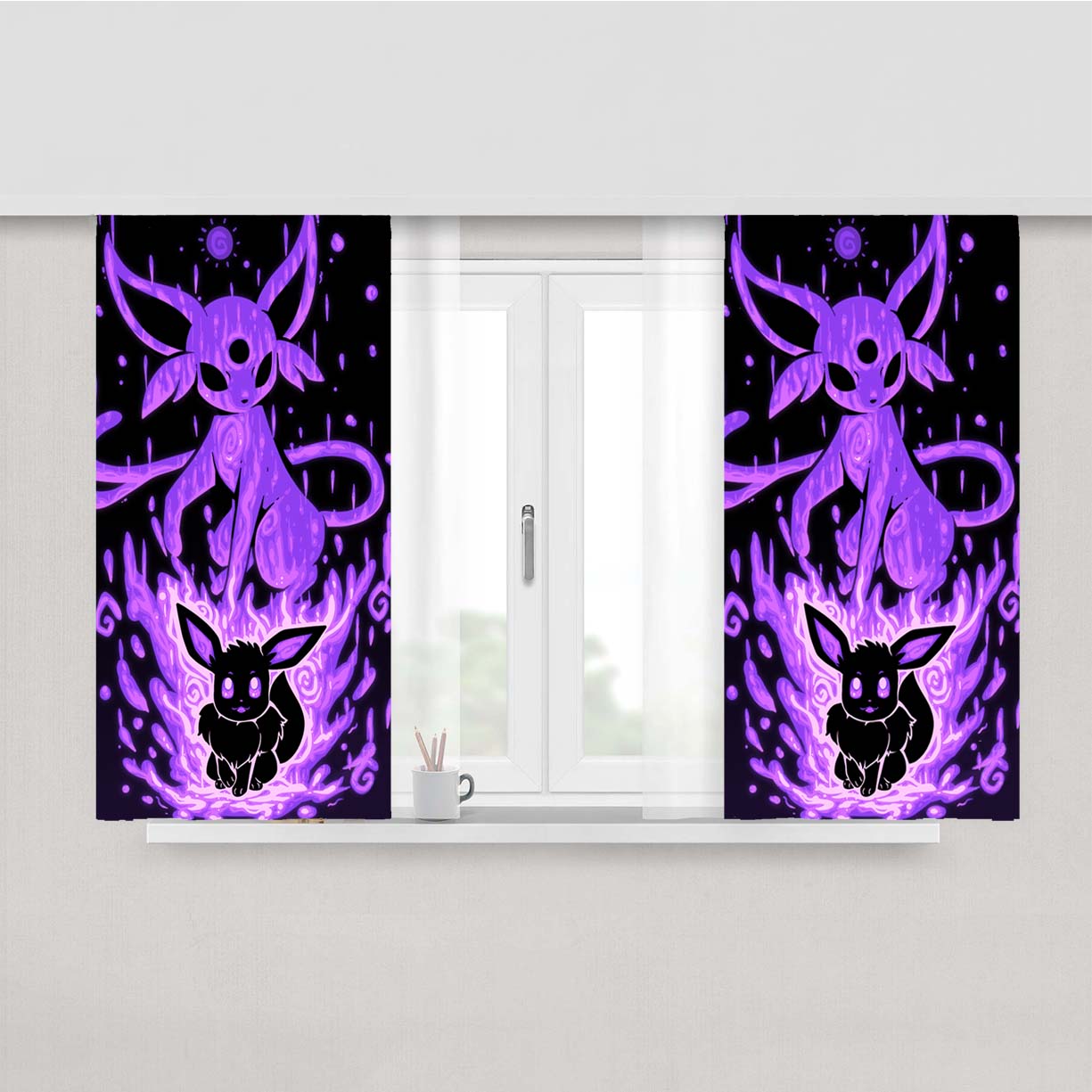 Pokemon Evolution Eevee To Espeon Peach Skin Window Curtains