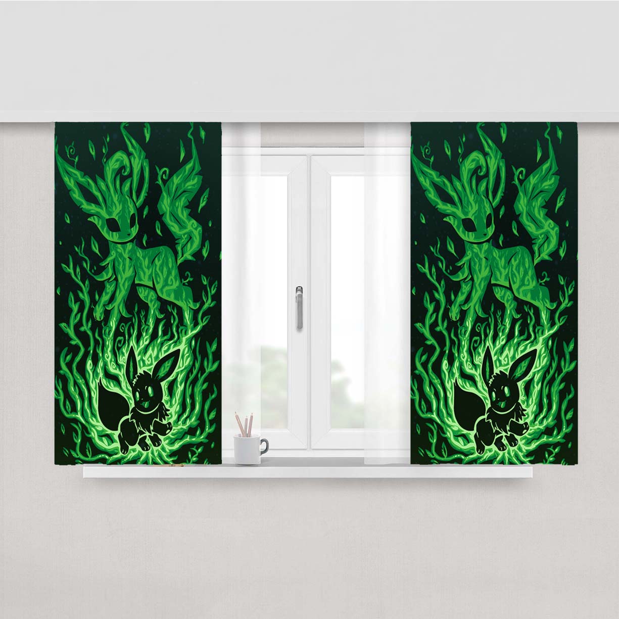 Pokemon Evolution Eevee To Leafeon Peach Skin Window Curtains