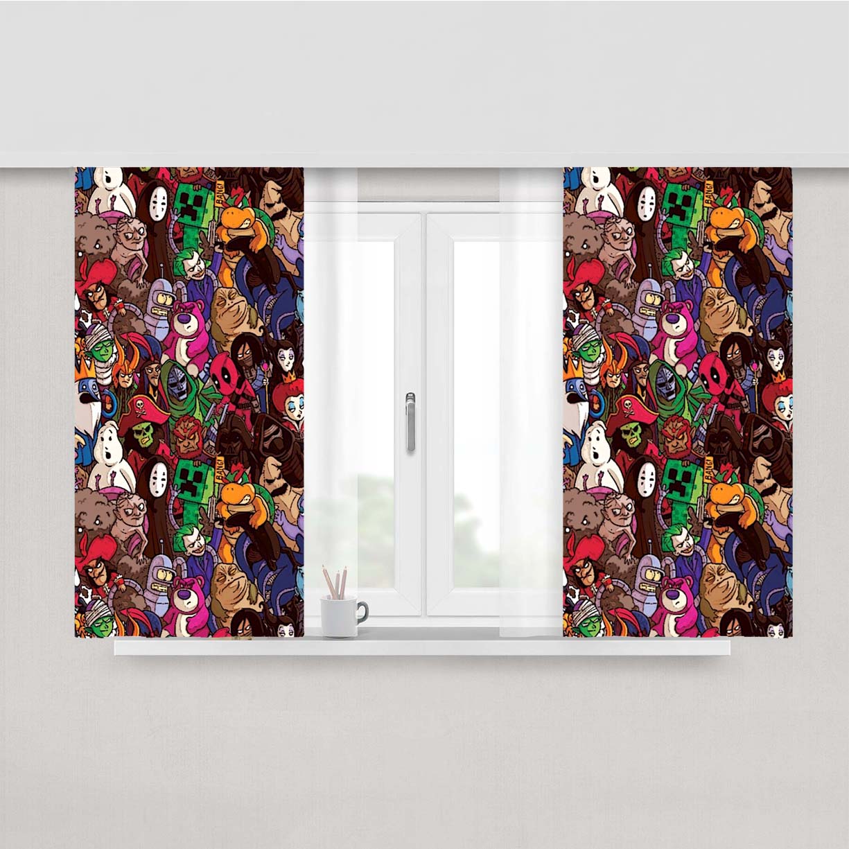 Pop Culture Mashup Villains Heart Characters Peach Skin Window Curtains
