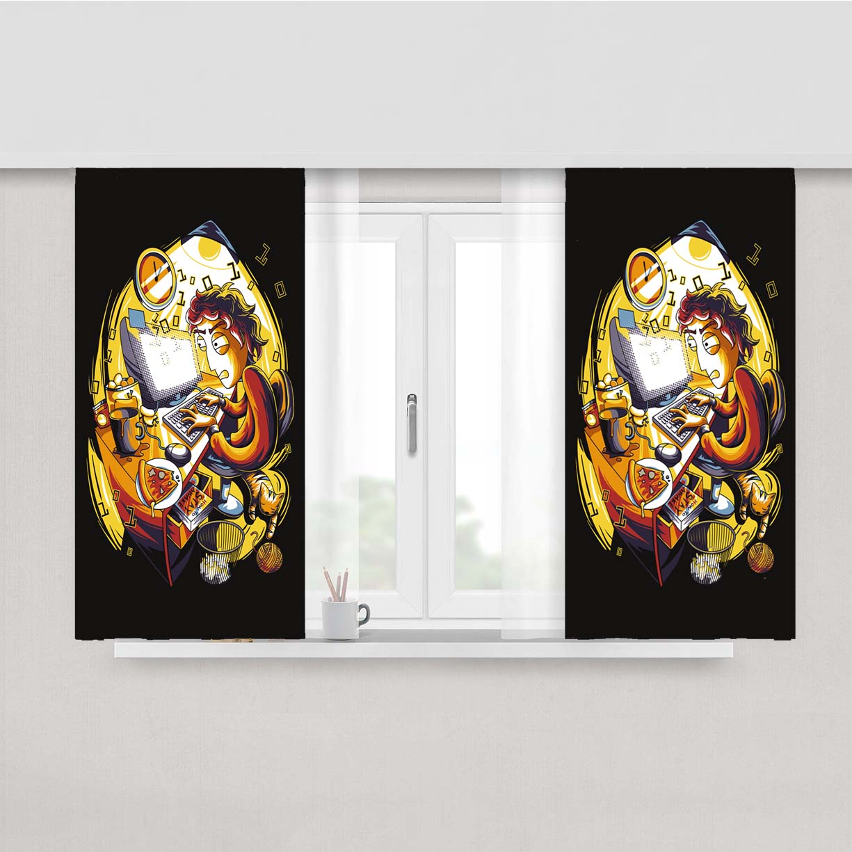 Programmer Cartoon Art Peach Skin Window Curtains