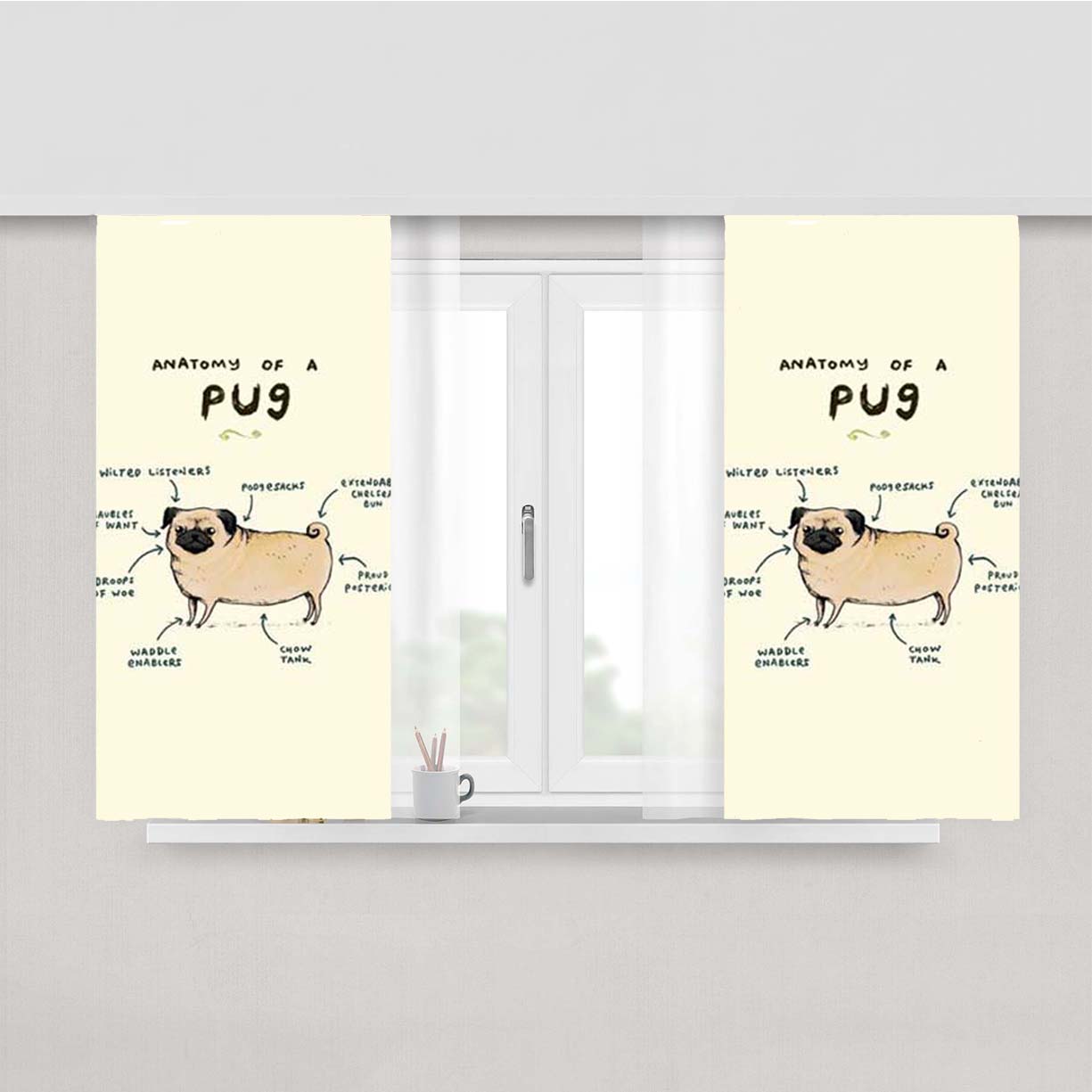 Pug Anatomy Peach Skin Window Curtains