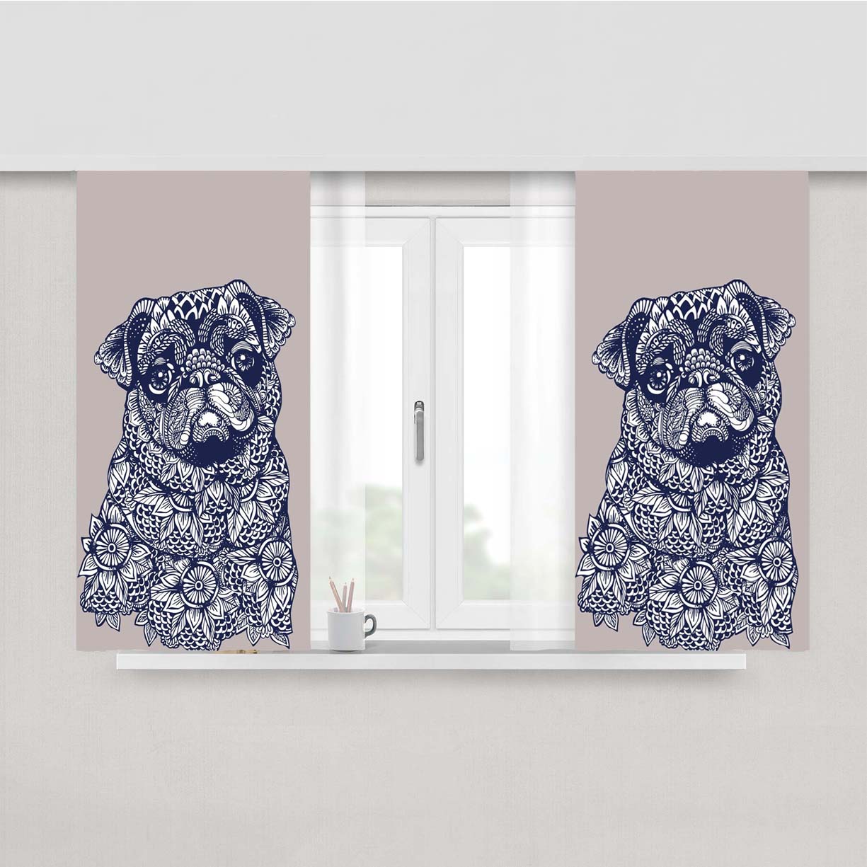 Pug Mandala Art Peach Skin Window Curtains