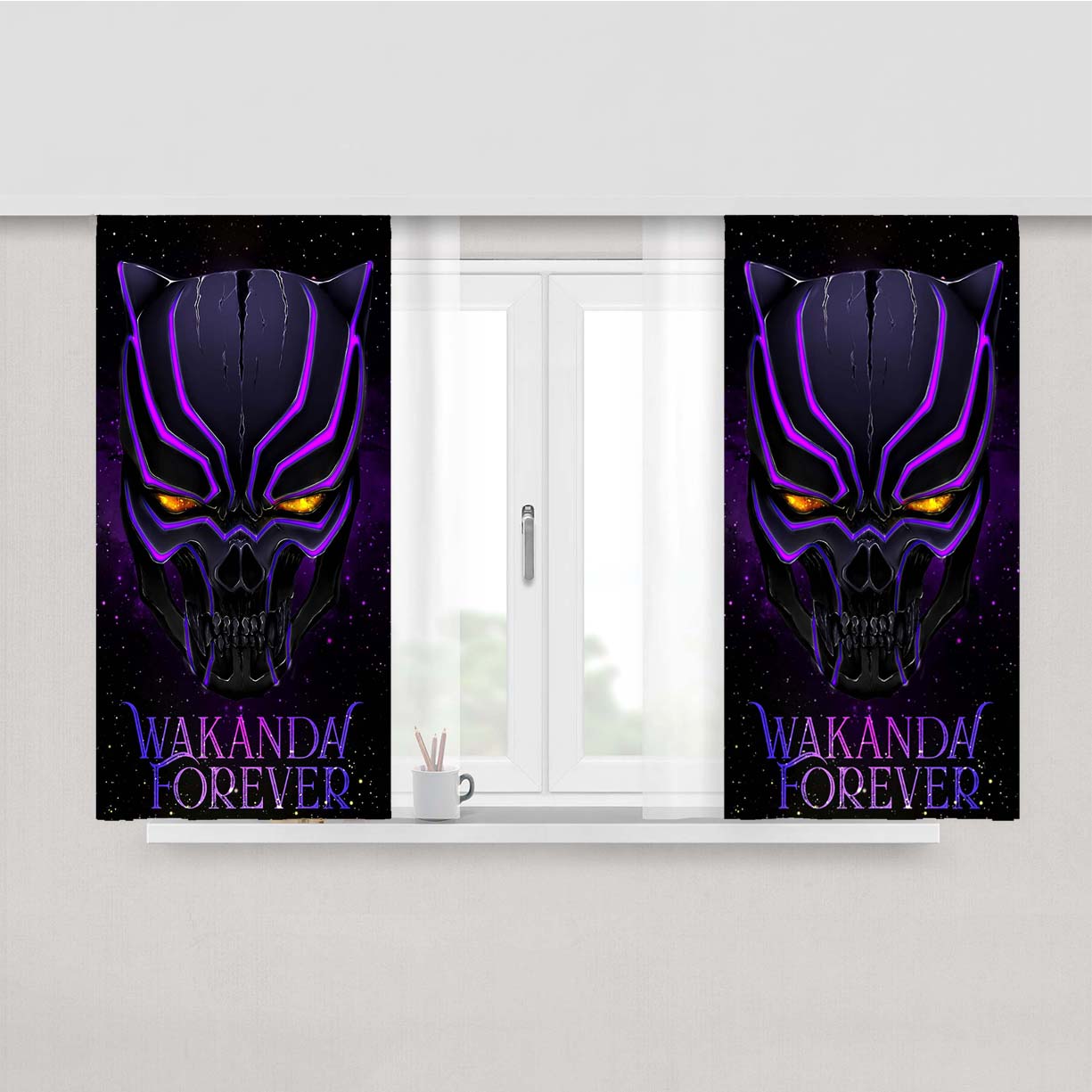 Purple Black Panther Mask Galaxy Peach Skin Window Curtains