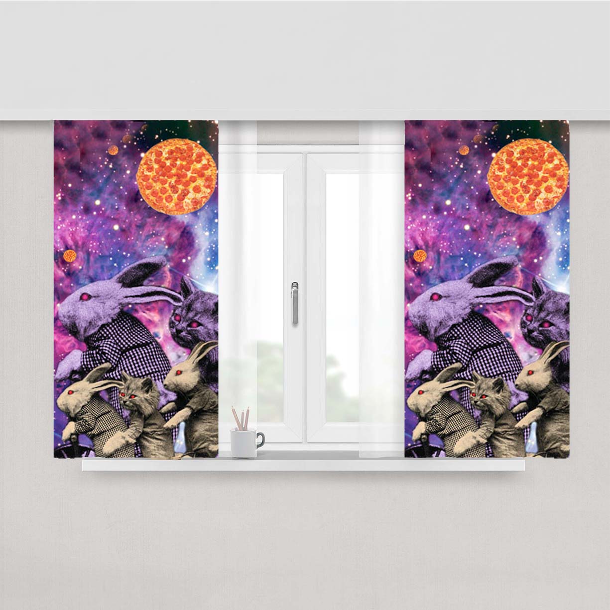 Purple Pizza Galaxy Bunnies & Cats Peach Skin Window Curtains